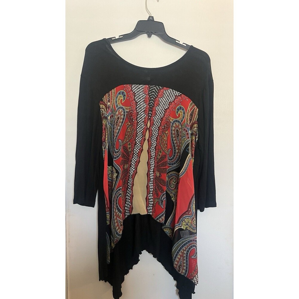 Studio EY Black Red Paisley Tunic Top Round Neck 3/4 Sleeve Women’s 3XL
